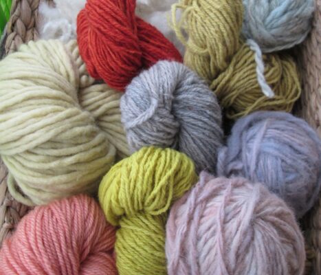 Pile of hanks of yarn in red, pink, green and blue