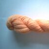 hank of salmon pink sock yarn on a grey background.