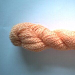 hank of salmon pink sock yarn on a grey background.